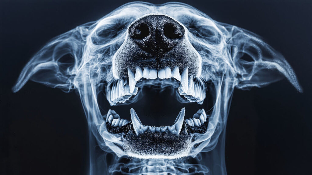 Panoramik röntgen görüntüsünde çene kemiği içinde gömülü kalmış köpek dişi
